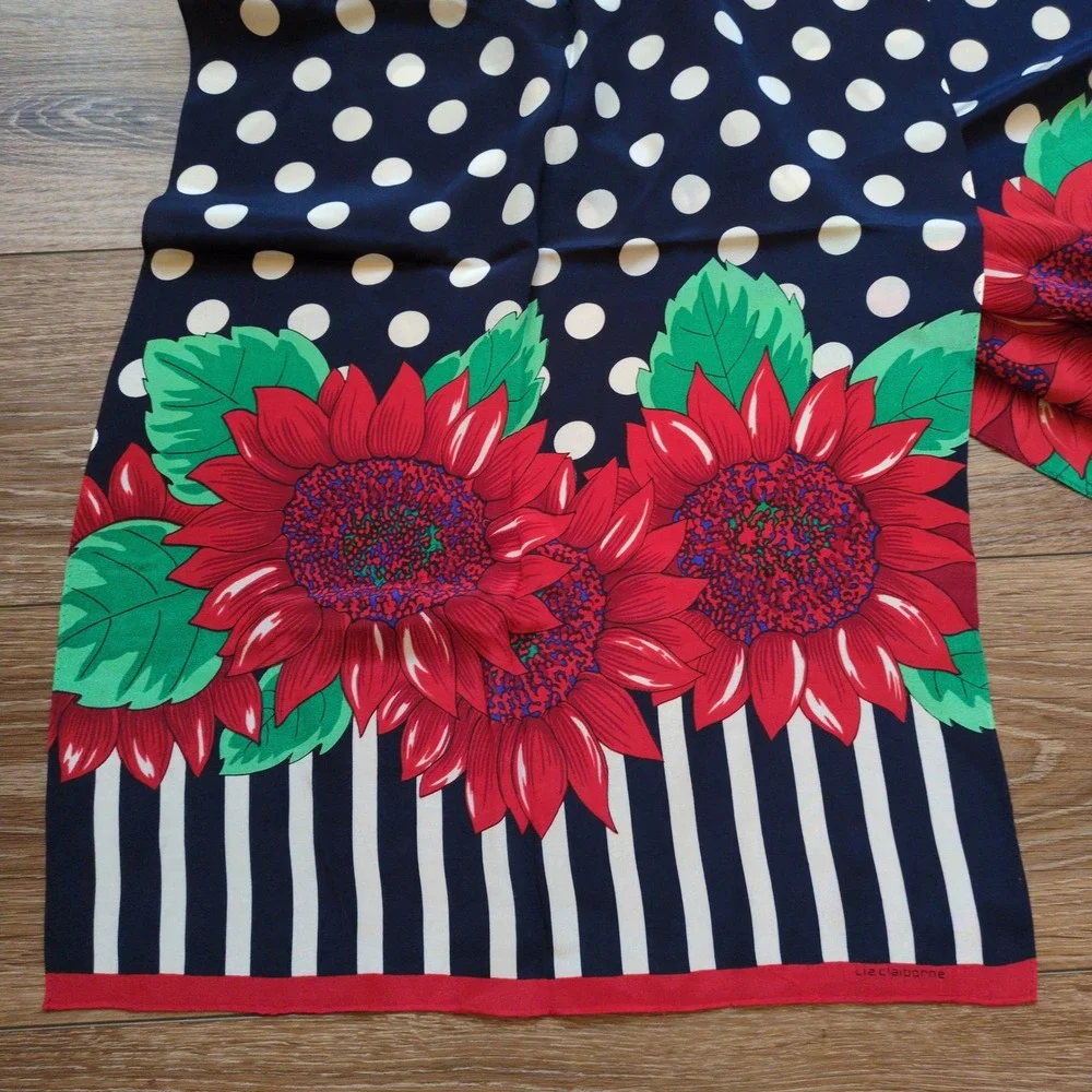 Vtg Liz Claiborne Graphic Floral Silk Scarf -‎ Stripes Polka Dot Red White Black